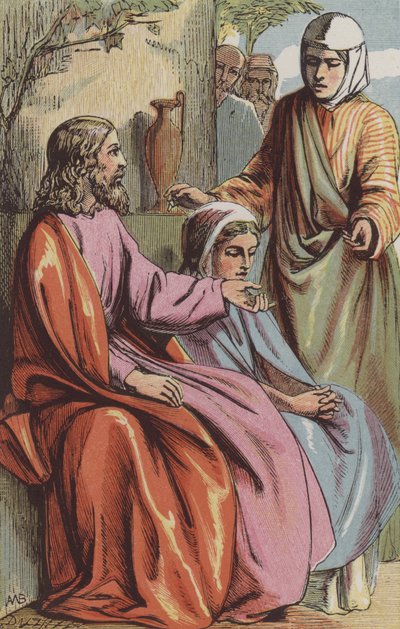 Marta chiede al Signore di dire a Maria di aiutarla (incisione colorata) da English School