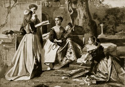 Maria Stuarda in un giardino del convento, illustrazione da Hutchinsons Story of the British Nation da English School