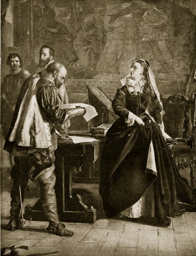 Maria Stuarda firma la sua abdicazione, luglio 1567, illustrazione da Hutchinsons Story of the British Nation da English School
