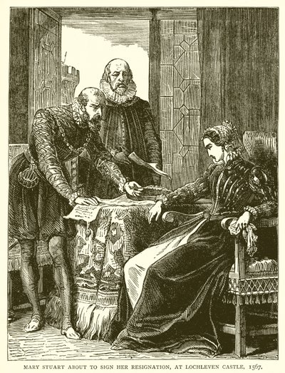 Maria Stuarda firma la sua abdicazione, al castello di Lochleven, 1567 da English School
