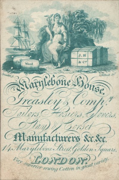 Marylebone House, Greasley & Co, sarti, calzolai, guantai, produttori di corsetti e busti, 14 Marylebone Street, Golden Square, biglietto da visita da English School