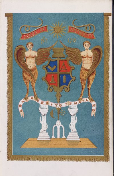 Emblema della loggia massonica che mostra lo stemma con angeli da English School