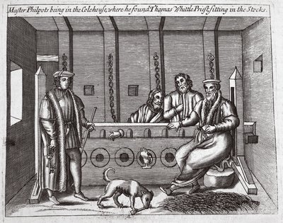 Maestro Philpots nella Colehouse, dove trovò Thomas Whittle, prete, seduto nei ceppi, illustrazione da Atti e Monumenti di John Foxe, nona edizione, pub. 1684 da English School