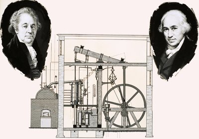 Matthew Boulton e James Watt con uno dei motori a vapore brevettati da English School
