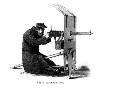 Mitragliatrice automatica Maxim, una mitragliatrice a rinculo brevettata da Hiram Stevens Maxim (1840-1916) nel 1882 da English School