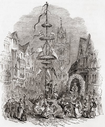Danza del palo di maggio davanti alla chiesa di St Andrew Undershaft, Londra, Inghilterra nel XIX secolo, da Old England: A Pictorial Museum, pub. 1847 da English School
