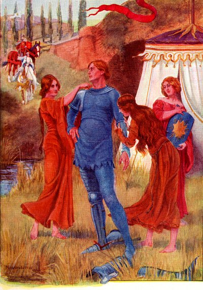 Cavaliere medievale, Stella del Mattino preparata per la battaglia. Illustrazione colorata dalla storia di Gareth e Lynette dal libro The Gateway to Tennyson pubblicato nel 1910. da English School