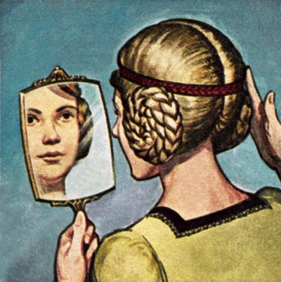 Ragazza medievale che guarda in uno specchio da English School