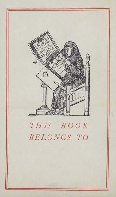 Scrivano medievale che lavora su un manoscritto, etichetta di proprietà del libro (litografia a colori) da English School