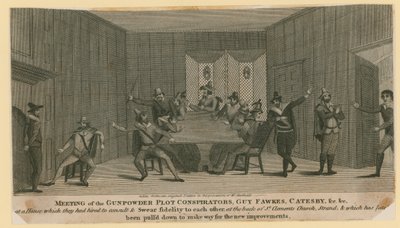 Incontro dei cospiratori della Congiura delle Polveri, Guy Fawkes, Catesby, ecc. da English School