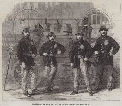 Membri della brigata dei vigili del fuoco volontari di Coventry (incisione) da English School
