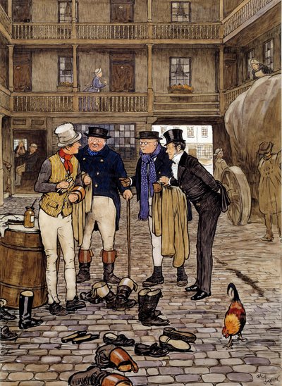 I membri del club Pickwick incontrano Sam Willer Illustrazione delle opere di Charles Dickens (1812-1870) dalla scuola inglese. 1837 Collezione privata da English School
