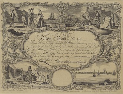 Certificato di appartenenza alla New York Marine Society, 1773 da English School