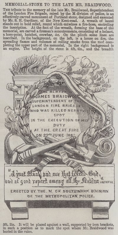 Pietra commemorativa per il defunto signor Braidwood (incisione) da English School
