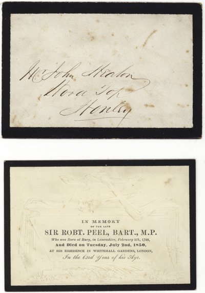 Biglietto commemorativo in memoria del defunto Sir Robert Peel da English School