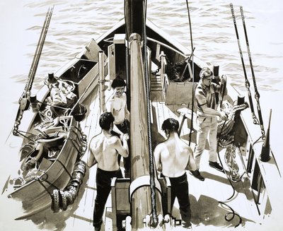 Uomini a bordo di una nave a vela da English School