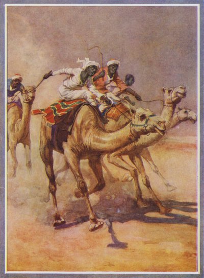 Uomini che cavalcano cammelli in una corsa nel deserto da English School