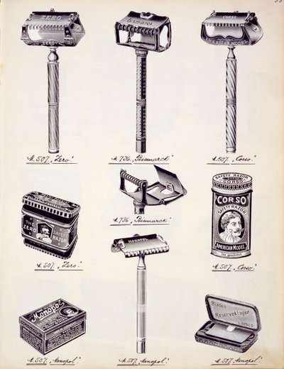 Attrezzatura per la rasatura degli uomini, da un catalogo commerciale di beni domestici e accessori, c.1890-1910 da English School