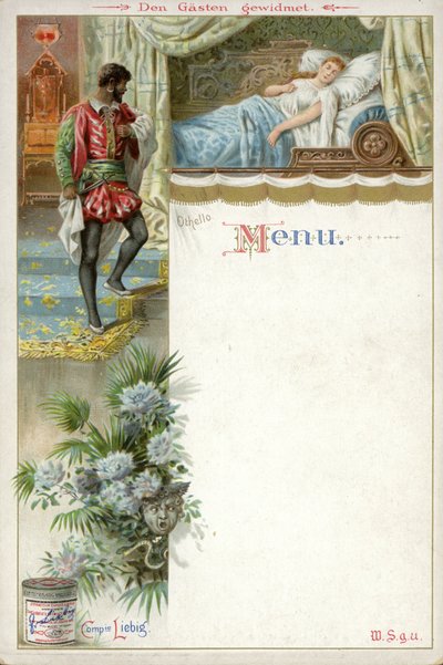 Menu con una scena da Otello e una pubblicità per l