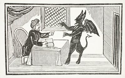 Mefistofele arriva a casa del Dottore, illustrazione da Chap-books of the Eighteenth Century di John Ashton, pub. 1882 da English School