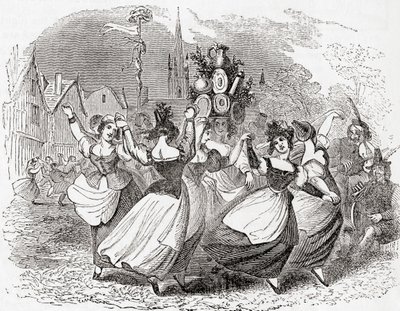 Danza della lattaia, con pila di piatti, May Day, Inghilterra, da Old England: A Pictorial Museum, pub. 1847 da English School