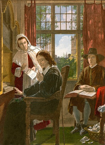 Milton mentre detta il "Samson Agonistes" (incisione a colori) da English School