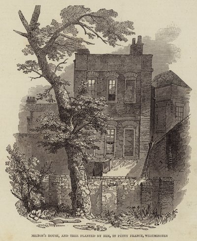 Casa di Milton e albero piantato da lui, in Petty France, Westminster (incisione) da English School