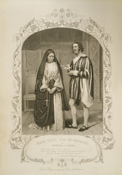Miss Glyn come Isabella e Mr Hoskins come Lucio, Atto I Scena 4, in Misura per misura, di William Shakespeare (1564-1616) da un dagherrotipo di Paine di Islington da English School