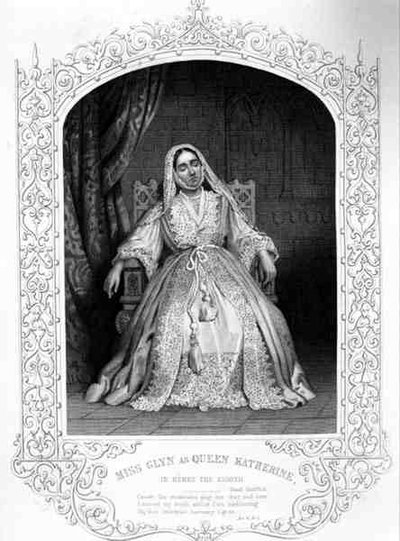 Miss Glyn come Regina Caterina, Atto IV Scena 2, in Enrico VIII o Tutto è Vero, di William Shakespeare (incisione) da English School