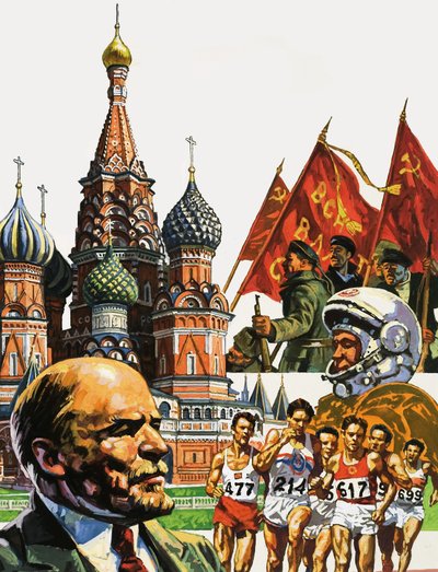 Montaggio della Russia inclusa la Cattedrale di San Basilio il Beato e ritratto di Lenin da English School
