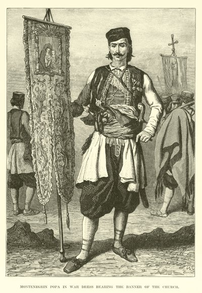 Popa montenegrino in abito da guerra con lo stendardo della Chiesa da English School