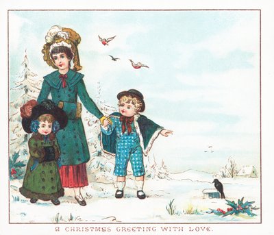 Madre e bambini che camminano nella neve da English School