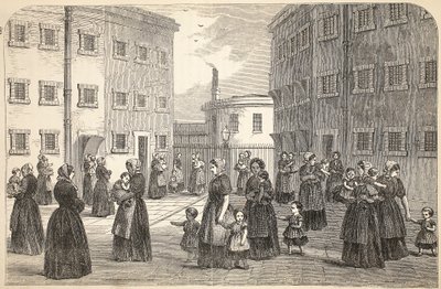 Madri, con i loro bambini, che si esercitano alla prigione di Tothill Fields, illustrazione da The Criminal Prisons of London and Scenes from Prison Life di Henry Mayhew e John Binny, pub. 1862 da English School