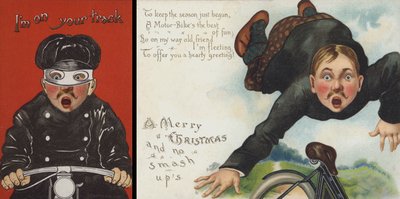 Cartolina di Natale a tema motociclismo (cromolitografia) da English School
