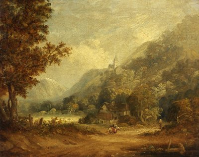 Scena di montagna con chiesa e fattoria da English School