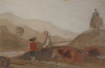 Paesaggio montuoso con figura vicino a un lago (Un uomo seduto vicino a un lago tra le montagne), precedentemente attribuito a J.M.W. Turner (1775-1851) e anche attribuito a Peter de Wint (1784-1849), 1825-30 da English School