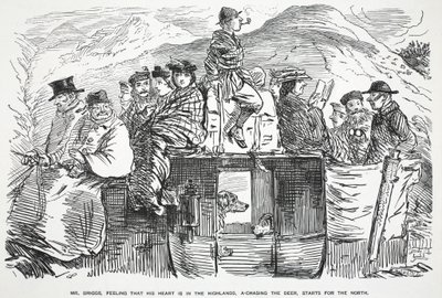 Mr. Briggs, sentendo che il suo cuore è nelle Highlands, a caccia del cervo, parte per il Nord, illustrazione da Punch da English School
