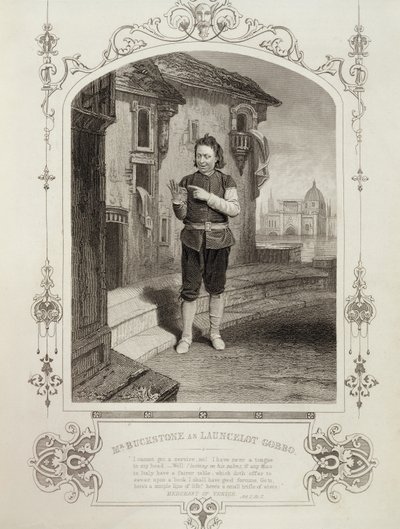 Mr Buckstone come Lancelot Gobbo, Atto II Scena 2, in Il mercante di Venezia di William Shakespeare (1564-1616) da English School