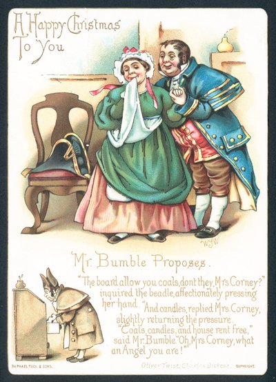 Mr Bumble e Mrs Corney, cartolina di Natale da English School