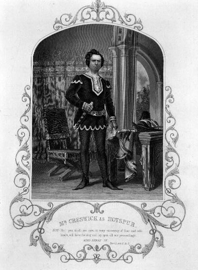 Mr. Creswick come Hotspur, Atto II Scena 3 da Enrico IV (Parte I) da un dagherrotipo di Paine di Islington, pub. da John Tallis & Co. (litografia) da English School
