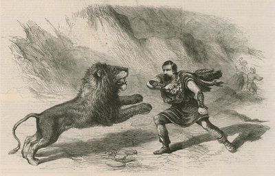 Mr Crockett, il domatore di leoni, si esibisce con i suoi leoni al Teatro di Astley, Londra da English School