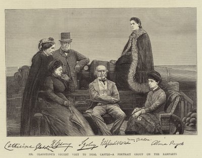 La recente visita di Mr Gladstone al Castello di Deal, un gruppo di ritratti sulle mura (incisione) da English School