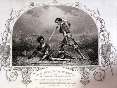 Mr. H. Marston come Hotspur e Mr. F. Robinson come Principe Enrico, Atto V Scena 4 da Enrico IV (Parte I) da un dagherrotipo di Paine di Islington, pub. da John Tallis & Co. (litografia) da English School