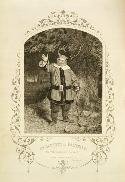 Mr Hackett come Falstaff, Atto V Scena 5, ne Le allegre comari di Windsor di William Shakespeare (1564-1616) inciso da George Hollis (1792-1842) da un dagherrotipo di J.P. Mayall (1810-1901) (incisione) da English School