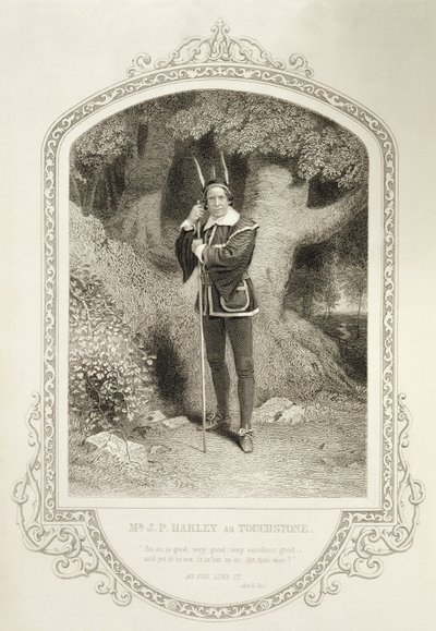 Mr J.P. Harley come Touchstone, Atto V Scena 1, in Come vi piace di William Shakespeare (1564-1616) inciso da George Hollis (1792-1842) da un dagherrotipo di J.P. Mayall (1810-1901) da English School
