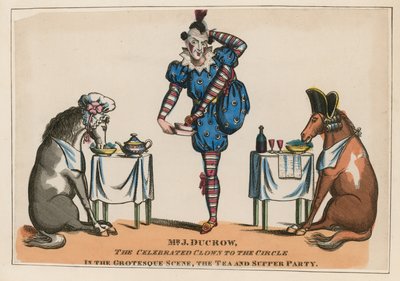 Mr John Ducrow, il celebre clown del circo nella scena grottesca, la festa del tè e della cena da English School