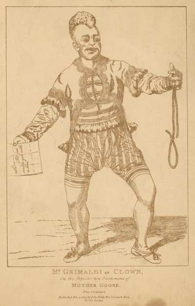 Mr Joseph Grimaldi come Clown nella popolare pantomima Mother Goose da English School