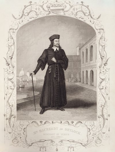 Mr Macready come Shylock, Atto I Scena 3, ne Il mercante di Venezia di William Shakespeare (1564-1616) da English School