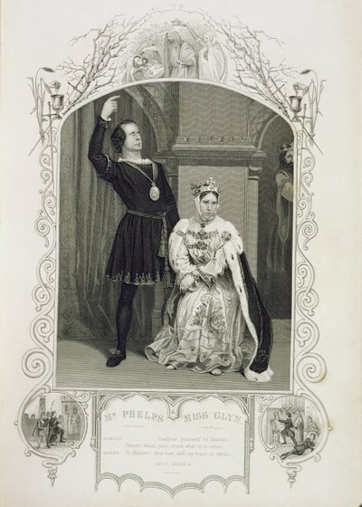 Mr Phelps come Amleto e Miss Glyn come Regina Gertrude, Atto III Scena 4, in Amleto di William Shakespeare (1564-1616) da English School