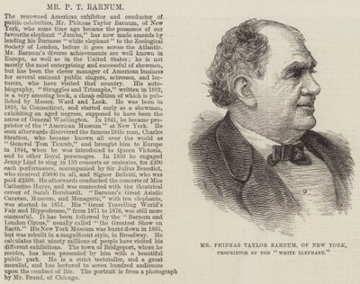 Il signor Phineas Taylor Barnum, di New York, proprietario del "White Elephant" da English School
